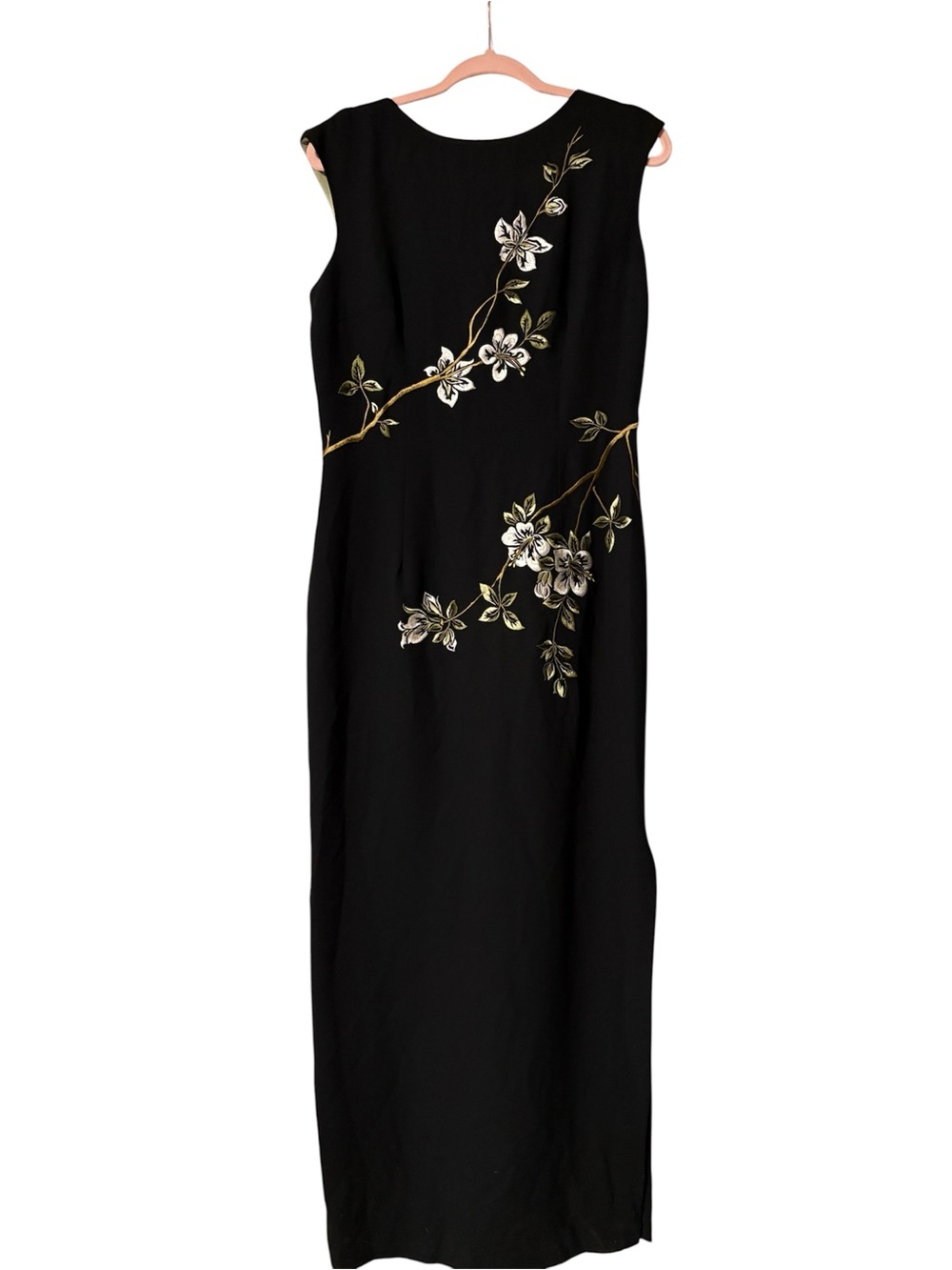 Maggy London Black Maxi Dress with White and Gold Floral Embroidery